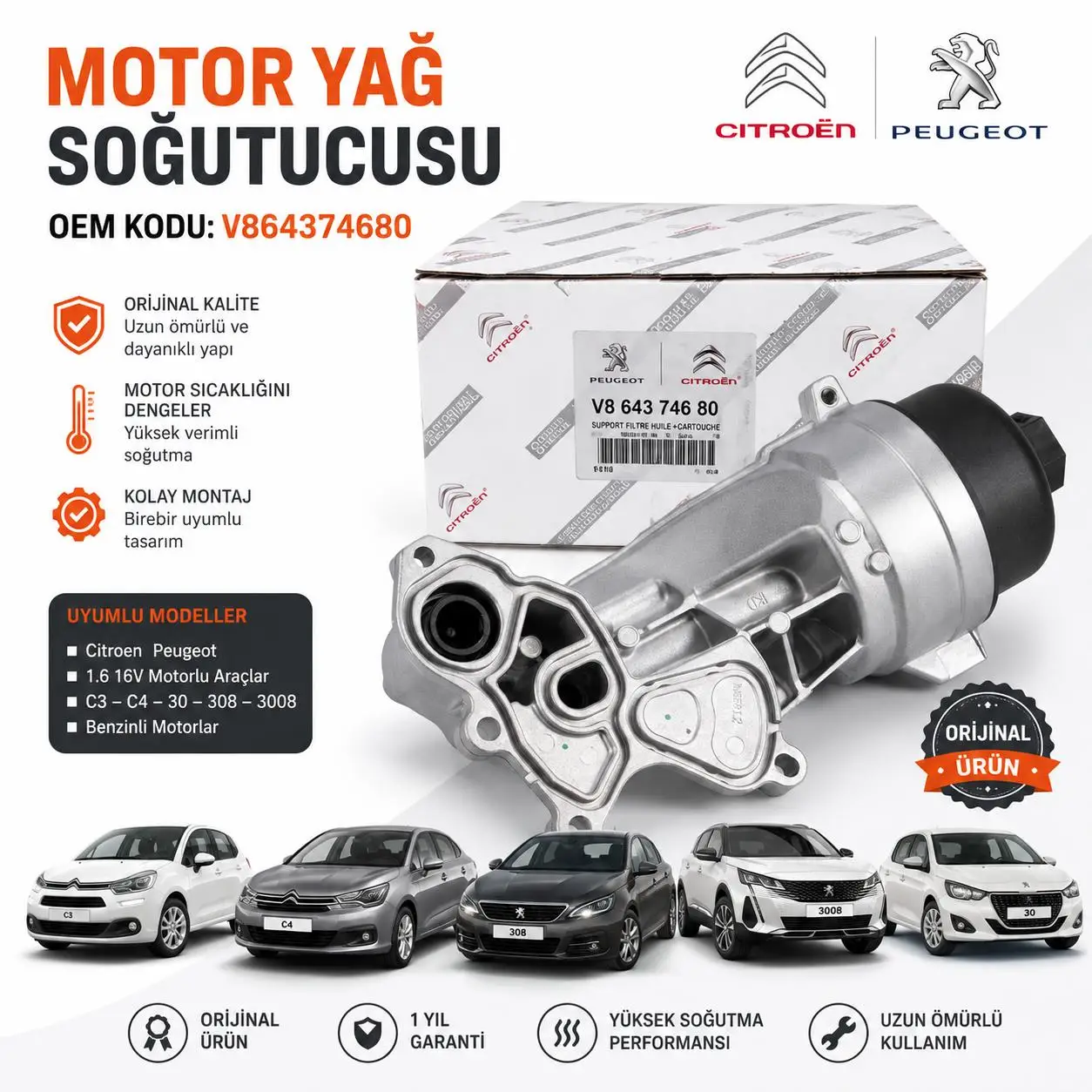 Peugeot 208-2008-308-3008-5008-5008 Yağ Soğutucu 1,6 Benzinli EP6 Motor Yağ Soğutucu Orijinal V864374680