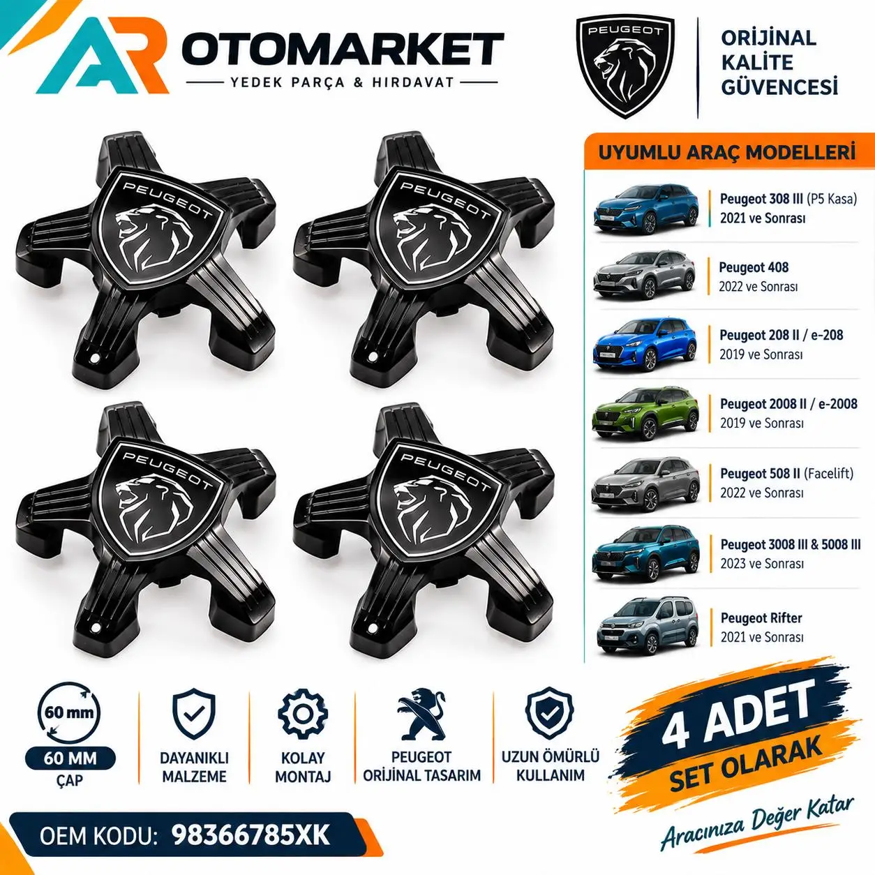 Peugeot Jant Göbeği Ahtapot 5 Bijon Sıyah 4 ADET (208 308 408 508 3008 5008 RİFTER ) 98366785XK