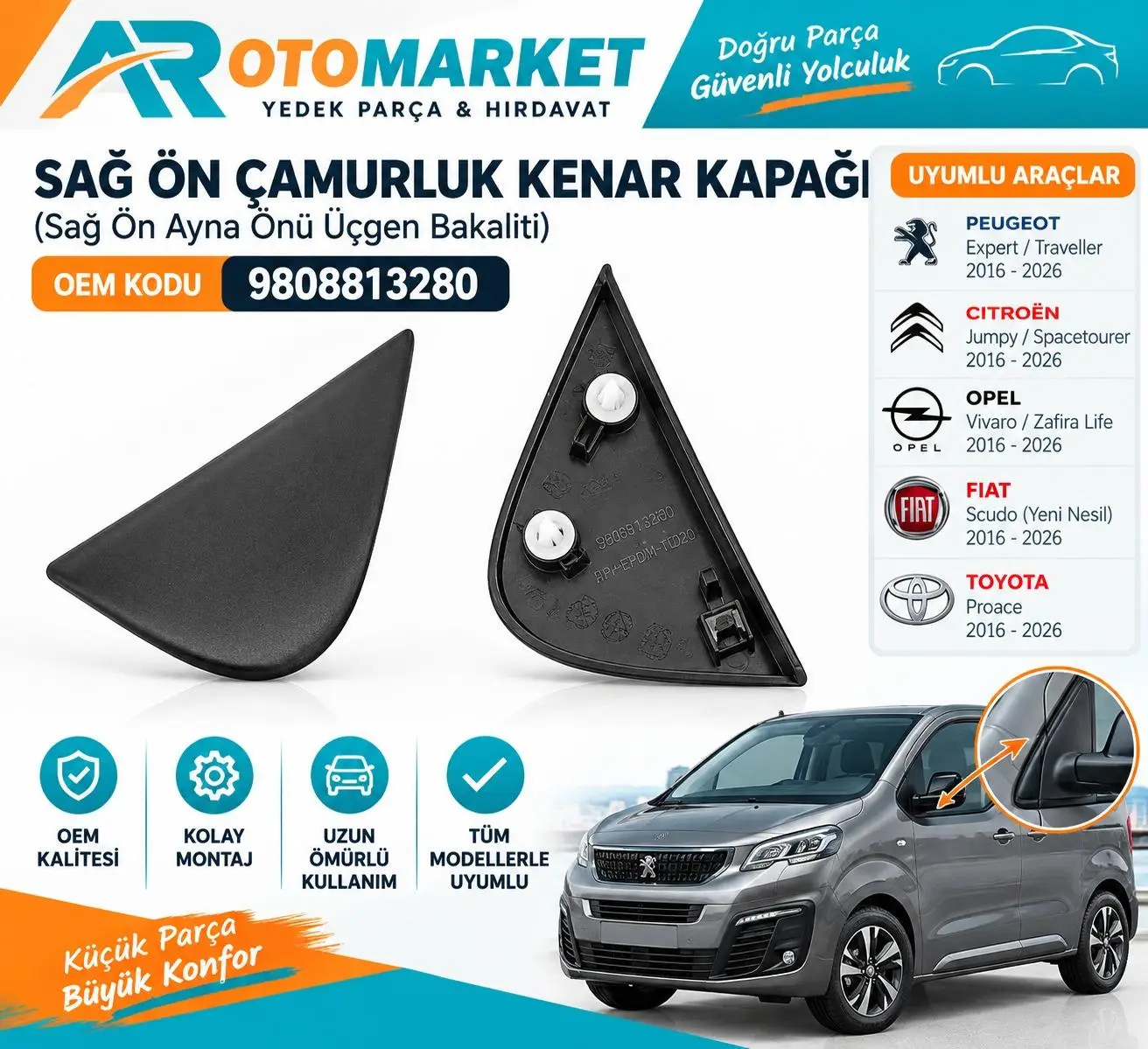 CİTROEN JUMPY -SPACETOURER ÖN ÇAMURLUK KENAR (ÜÇGEN) KAPAK SAĞ 2016-2026 9808813280