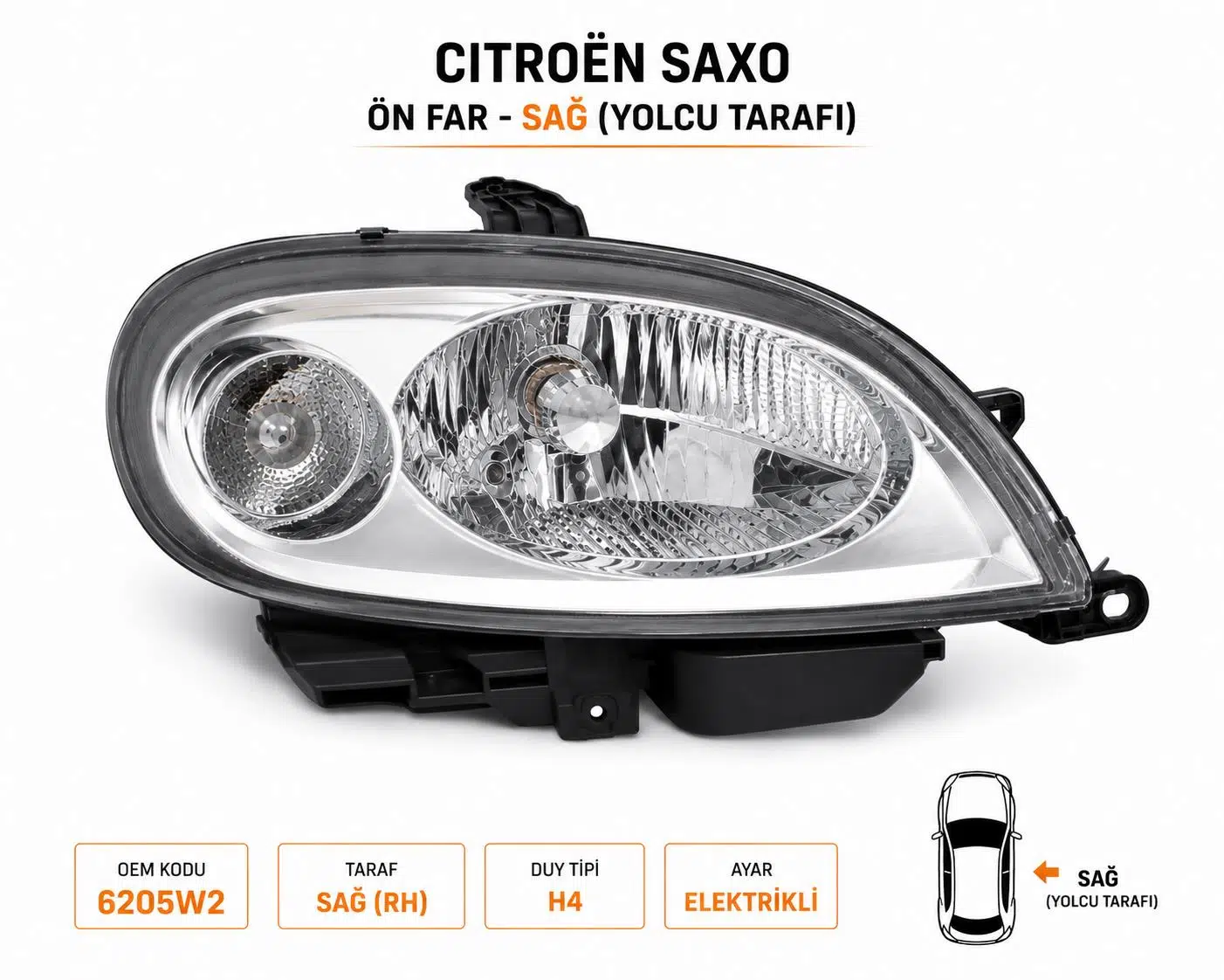 Citroen Saxo 2 Kasa (2000 - 2006) Sağ Ön Far 6205W2