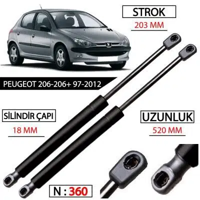 PEUGEOT 206 HATCHBACK BAGAJ AMORTİSÖRÜ TAKIMI YAN SANAYİ 8731E6
