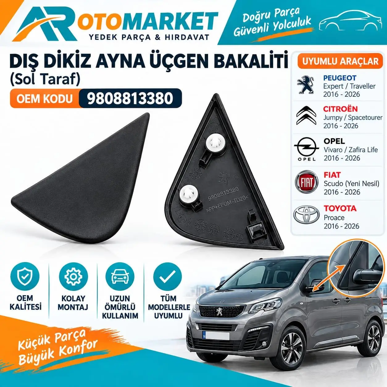 CİTROEN JUMPY -SPACETOURER ÖN ÇAMURLUK KENAR (ÜÇGEN) KAPAK SOL 2016-2026 9808813380