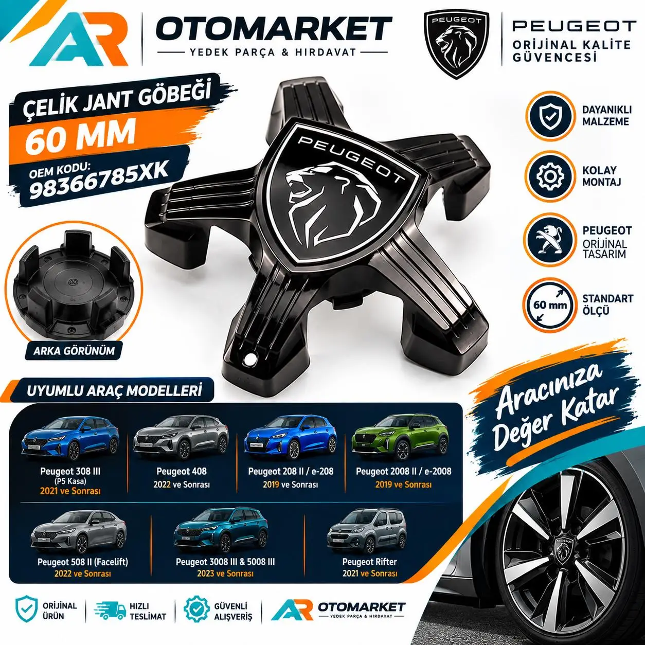 Peugeot Jant Göbeği Ahtapot 5 Bijon Sıyah 1 ADET (208 308 408 508 3008 5008 RİFTER ) 98366785XK