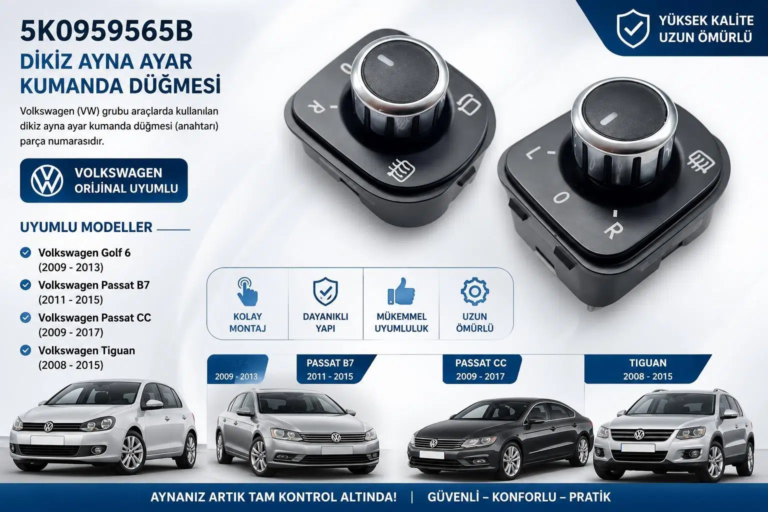 Vw Volkswagen Tiguan 2008-2015 Dış Dikiz Ayna Ayar Düğmesi Kolu Kromlu Otomatik Katlama 5k1959565